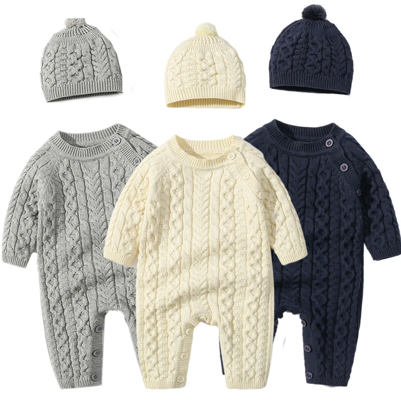 Ropa cálida para invierno para bebés recién nacidos tejidos  Knitted Jumpsuits Outfits Baby Rompers Caps Clothes Sets Winter Long Sleeve Toddler Infant Overalls 2pcs