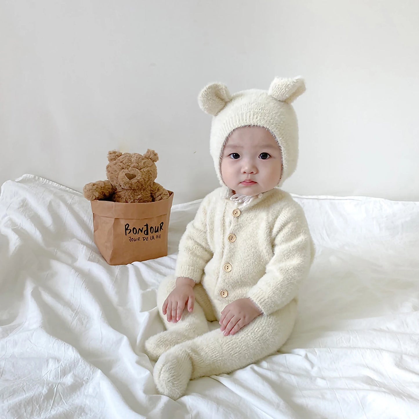 Ropa invernal para bebés con orejitas - Hat Children Lovely Jumpsuit Long Sleeve Round Neck Overall Cotton Warm Clothe