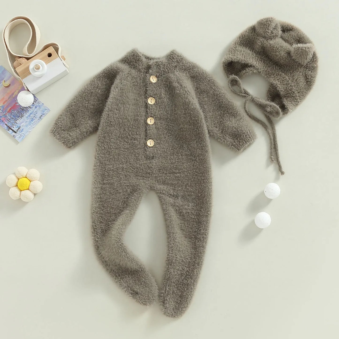 Ropa invernal para bebés con orejitas - Hat Children Lovely Jumpsuit Long Sleeve Round Neck Overall Cotton Warm Clothe