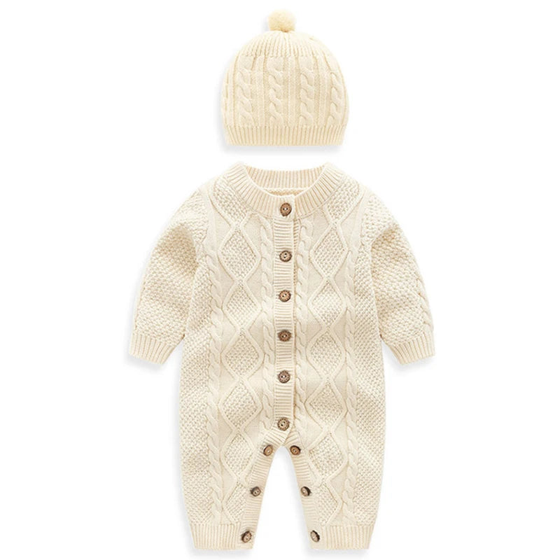 Ropa cálida para invierno para bebés recién nacidos tejidos  Knitted Jumpsuits Outfits Baby Rompers Caps Clothes Sets Winter Long Sleeve Toddler Infant Overalls 2pcs