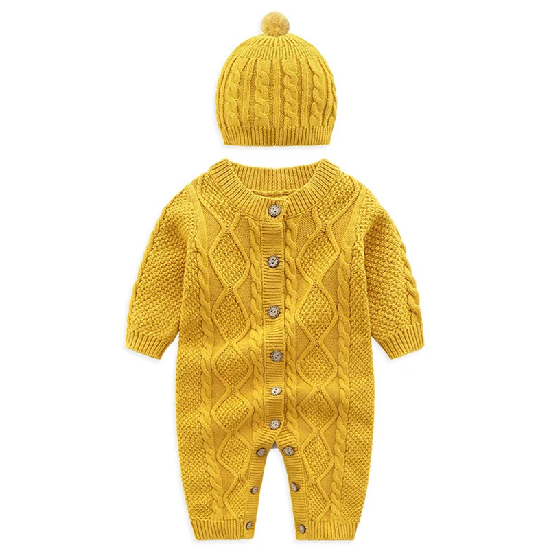 Ropa cálida para invierno para bebés recién nacidos tejidos  Knitted Jumpsuits Outfits Baby Rompers Caps Clothes Sets Winter Long Sleeve Toddler Infant Overalls 2pcs