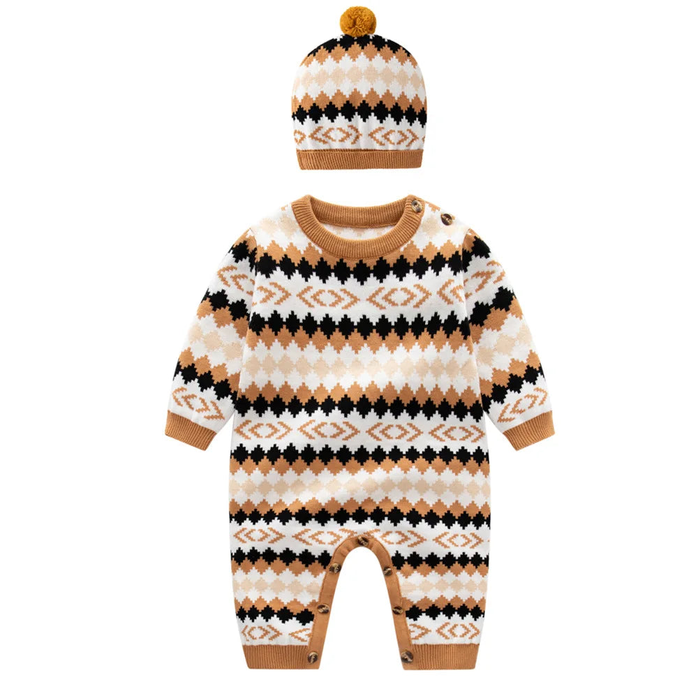 Ropa cálida para invierno para bebés recién nacidos tejidos  Knitted Jumpsuits Outfits Baby Rompers Caps Clothes Sets Winter Long Sleeve Toddler Infant Overalls 2pcs