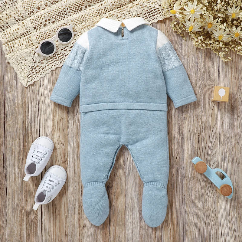 Ropa tejida  de invierno para bebé varón recién nacido/ Newborn Baby Romper Knitted Infant Children Clothes Fashion Striped 0-9M Overalls Boy Girl Jumpsuit Long Sleeve Autumn Foot Wrap