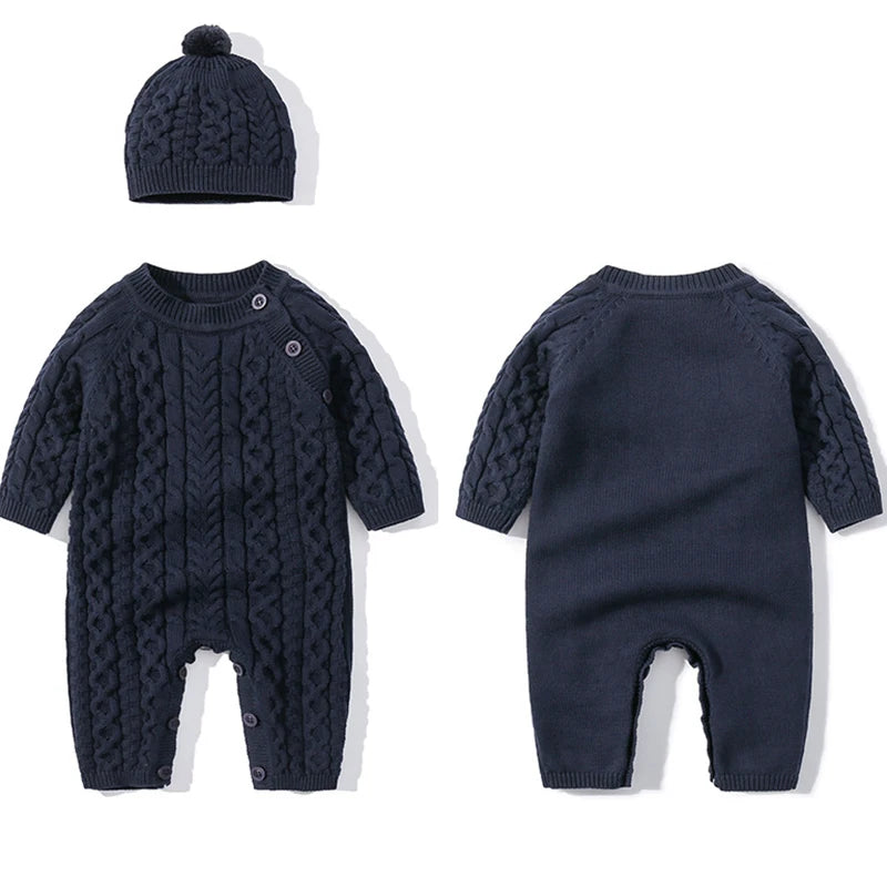 Ropa cálida para invierno para bebés recién nacidos tejidos  Knitted Jumpsuits Outfits Baby Rompers Caps Clothes Sets Winter Long Sleeve Toddler Infant Overalls 2pcs