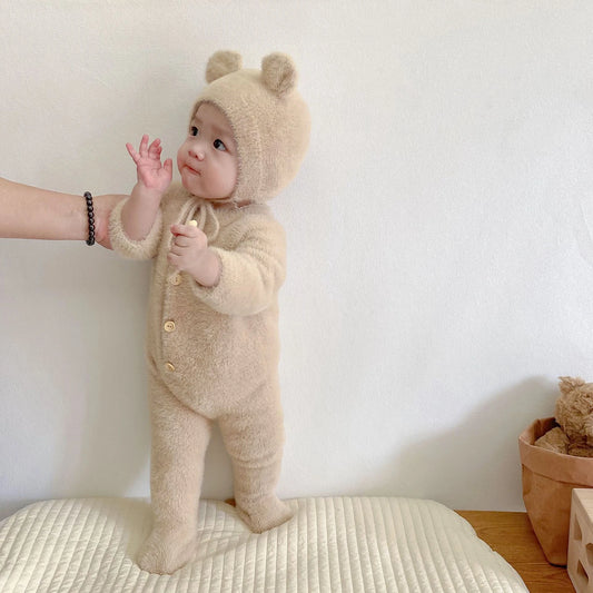 Ropa invernal para bebés con orejitas - Hat Children Lovely Jumpsuit Long Sleeve Round Neck Overall Cotton Warm Clothe