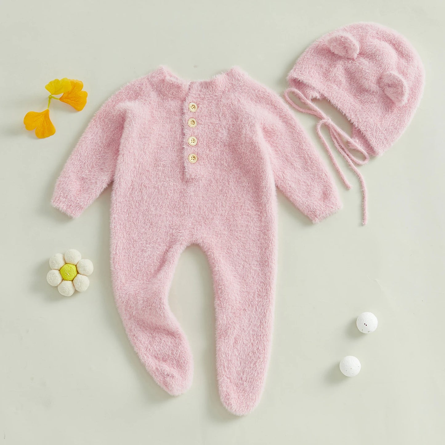 Ropa invernal para bebés con orejitas - Hat Children Lovely Jumpsuit Long Sleeve Round Neck Overall Cotton Warm Clothe