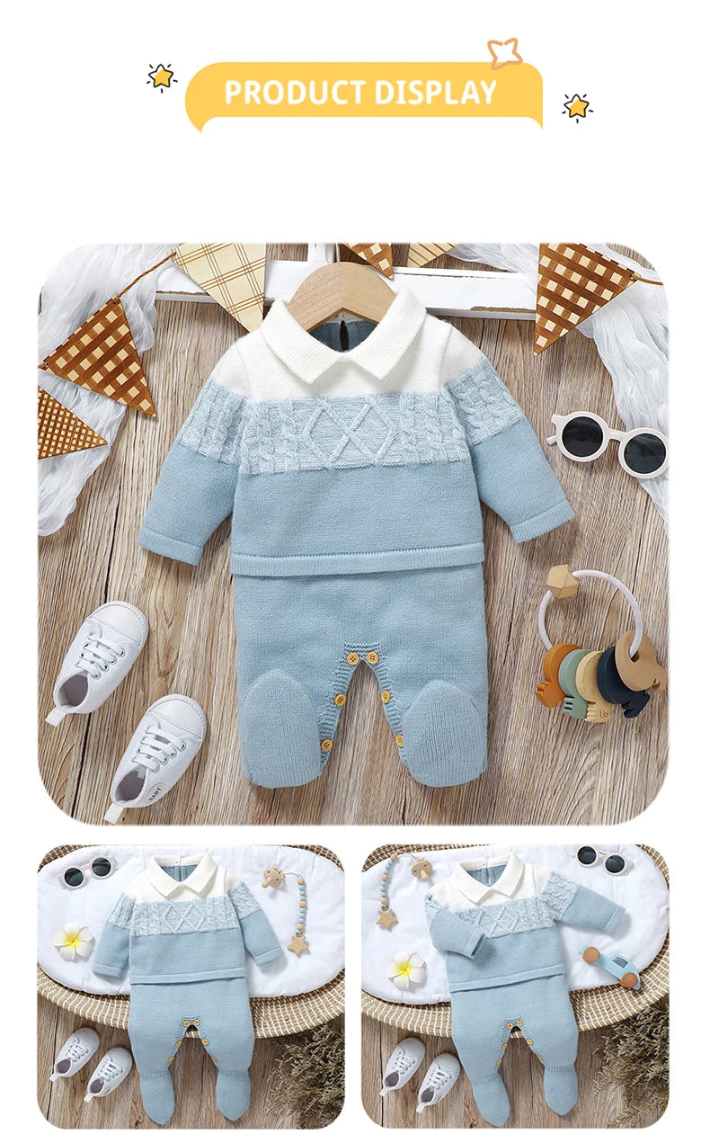 Ropa tejida  de invierno para bebé varón recién nacido/ Newborn Baby Romper Knitted Infant Children Clothes Fashion Striped 0-9M Overalls Boy Girl Jumpsuit Long Sleeve Autumn Foot Wrap