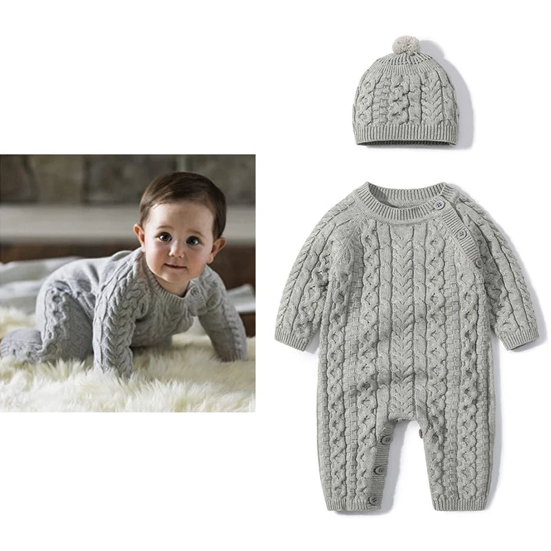 Ropa cálida para invierno para bebés recién nacidos tejidos  Knitted Jumpsuits Outfits Baby Rompers Caps Clothes Sets Winter Long Sleeve Toddler Infant Overalls 2pcs