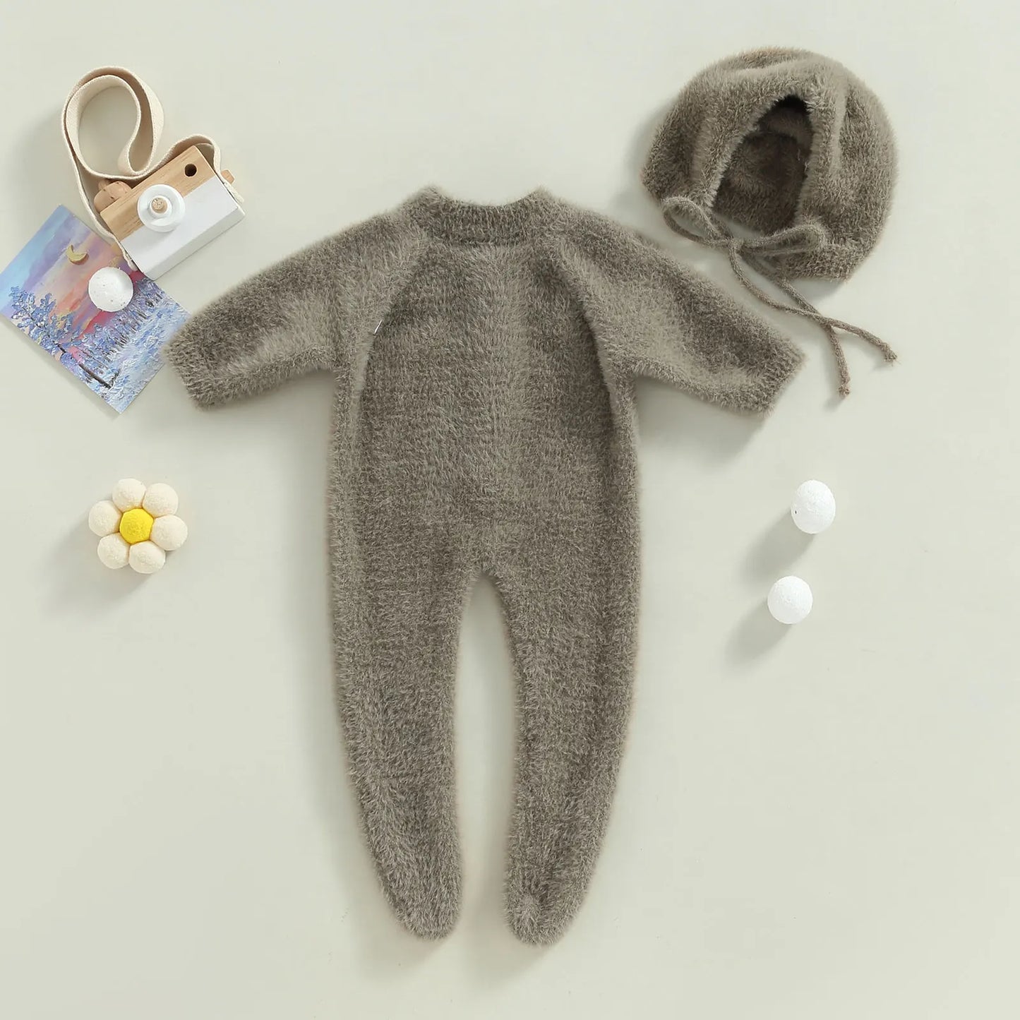 Ropa invernal para bebés con orejitas - Hat Children Lovely Jumpsuit Long Sleeve Round Neck Overall Cotton Warm Clothe