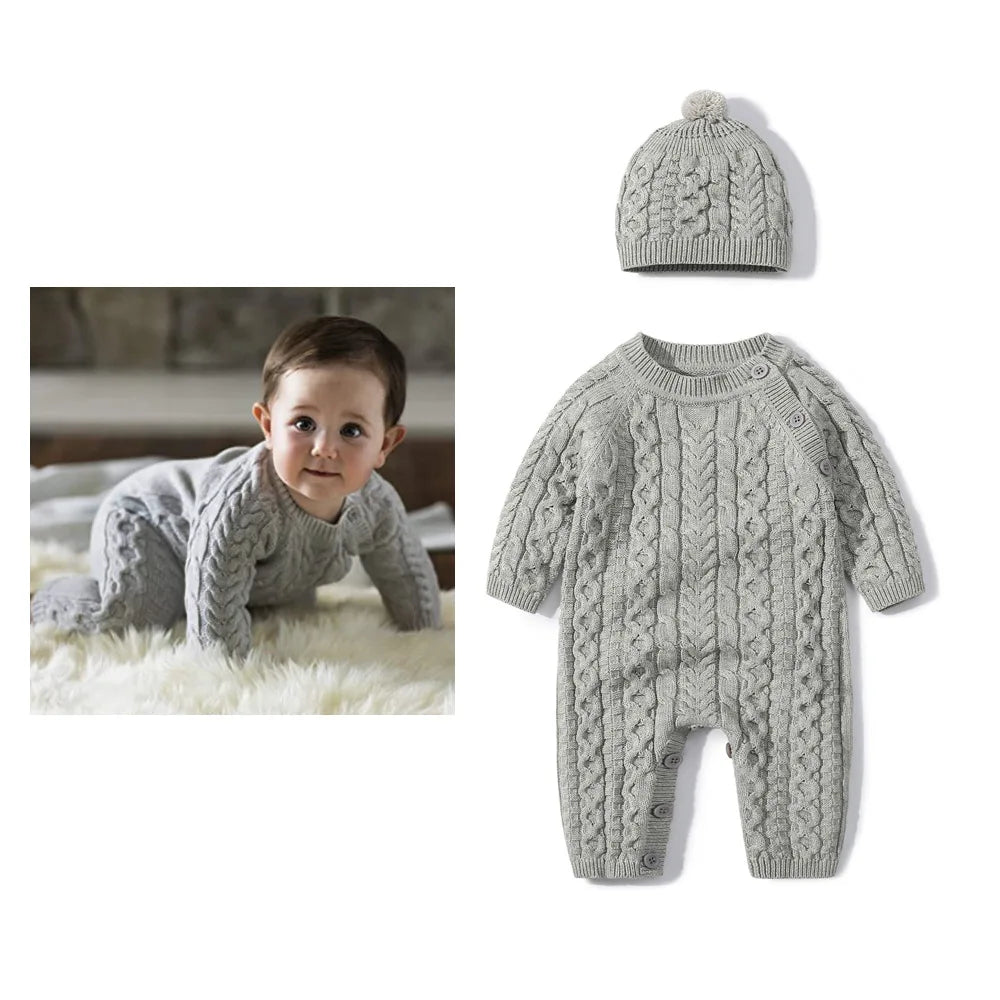 Ropa cálida para invierno para bebés recién nacidos tejidos  Knitted Jumpsuits Outfits Baby Rompers Caps Clothes Sets Winter Long Sleeve Toddler Infant Overalls 2pcs