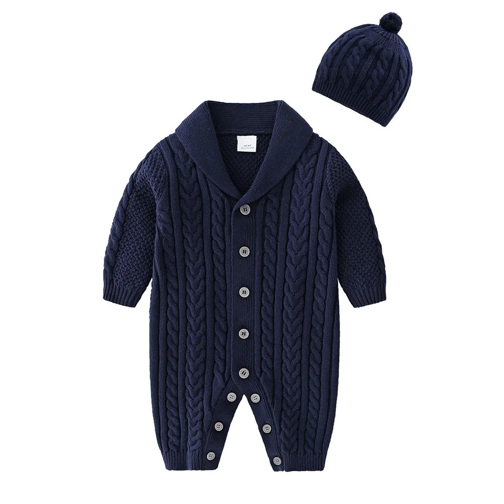 Ropa cálida para invierno para bebés recién nacidos tejidos  Knitted Jumpsuits Outfits Baby Rompers Caps Clothes Sets Winter Long Sleeve Toddler Infant Overalls 2pcs