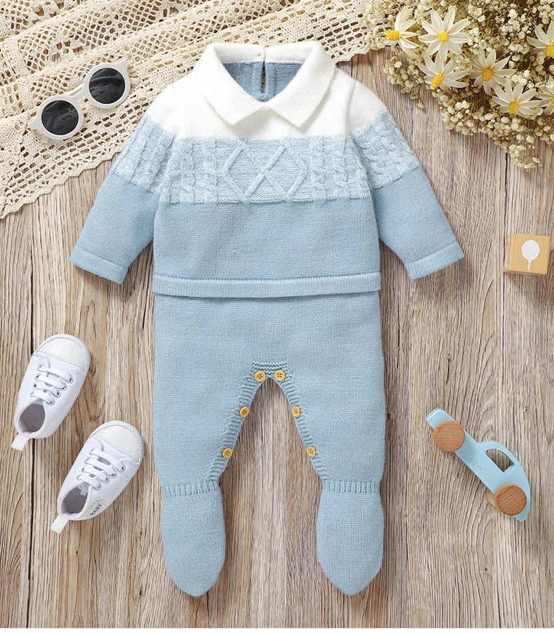 Ropa tejida  de invierno para bebé varón recién nacido/ Newborn Baby Romper Knitted Infant Children Clothes Fashion Striped 0-9M Overalls Boy Girl Jumpsuit Long Sleeve Autumn Foot Wrap