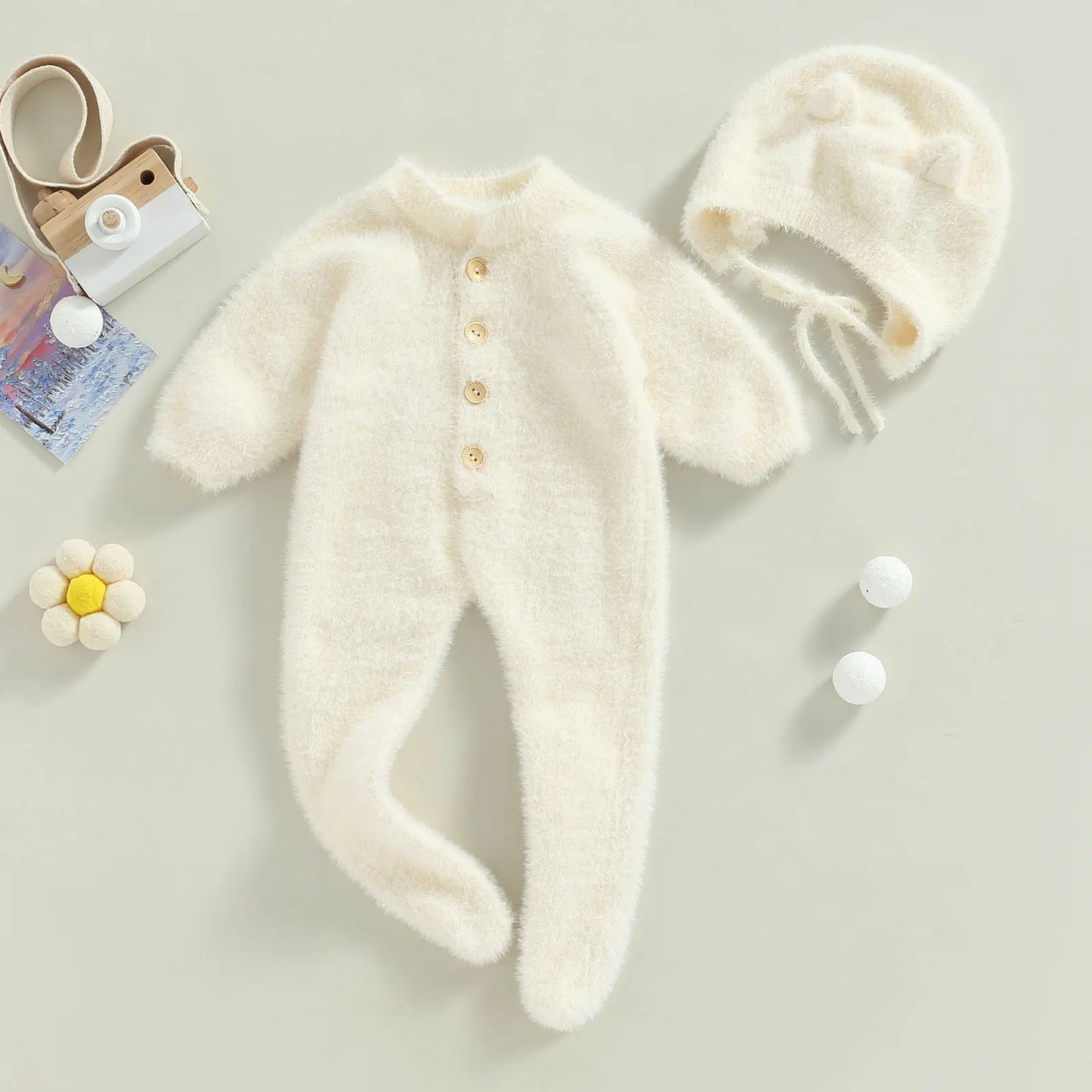 Ropa invernal para bebés con orejitas - Hat Children Lovely Jumpsuit Long Sleeve Round Neck Overall Cotton Warm Clothe