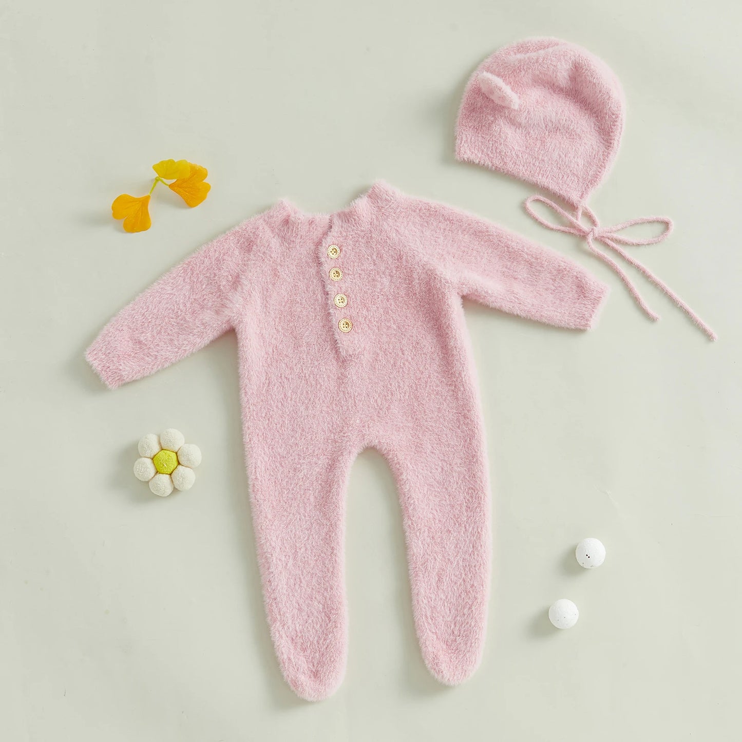 Ropa invernal para bebés con orejitas - Hat Children Lovely Jumpsuit Long Sleeve Round Neck Overall Cotton Warm Clothe