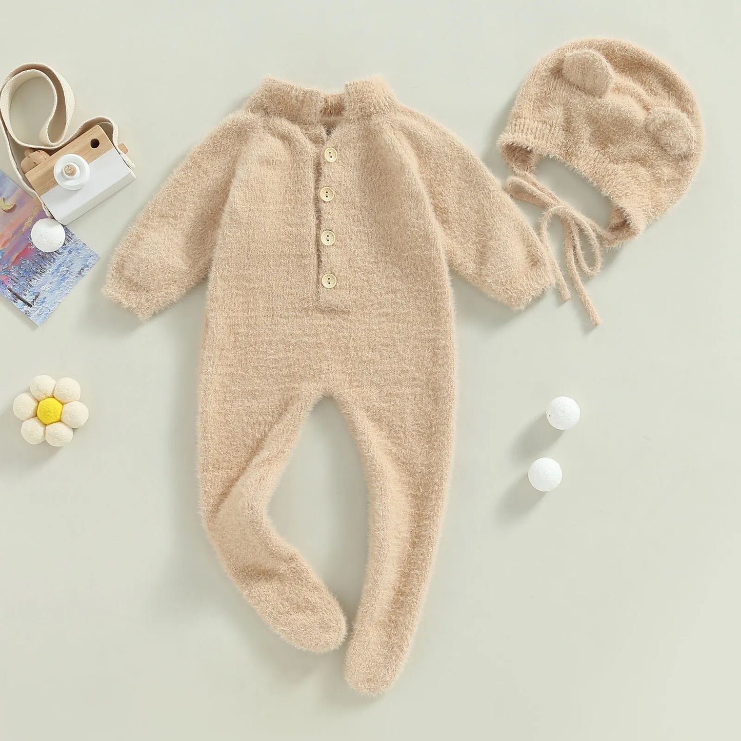 Ropa invernal para bebés con orejitas - Hat Children Lovely Jumpsuit Long Sleeve Round Neck Overall Cotton Warm Clothe