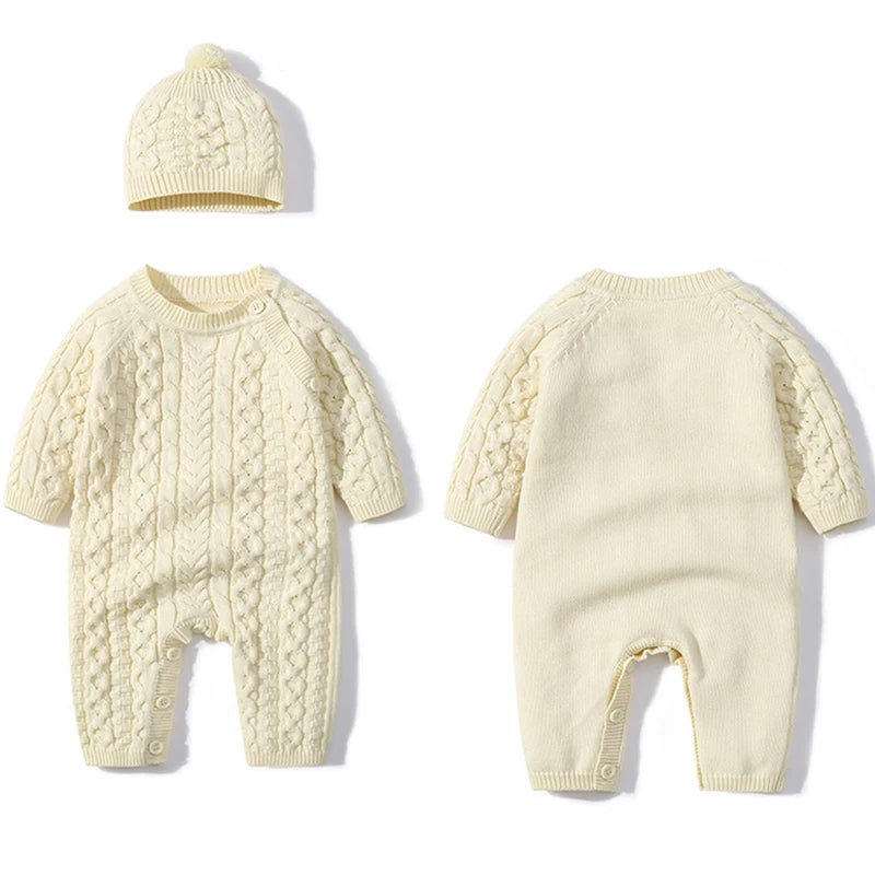 Ropa cálida para invierno para bebés recién nacidos tejidos  Knitted Jumpsuits Outfits Baby Rompers Caps Clothes Sets Winter Long Sleeve Toddler Infant Overalls 2pcs