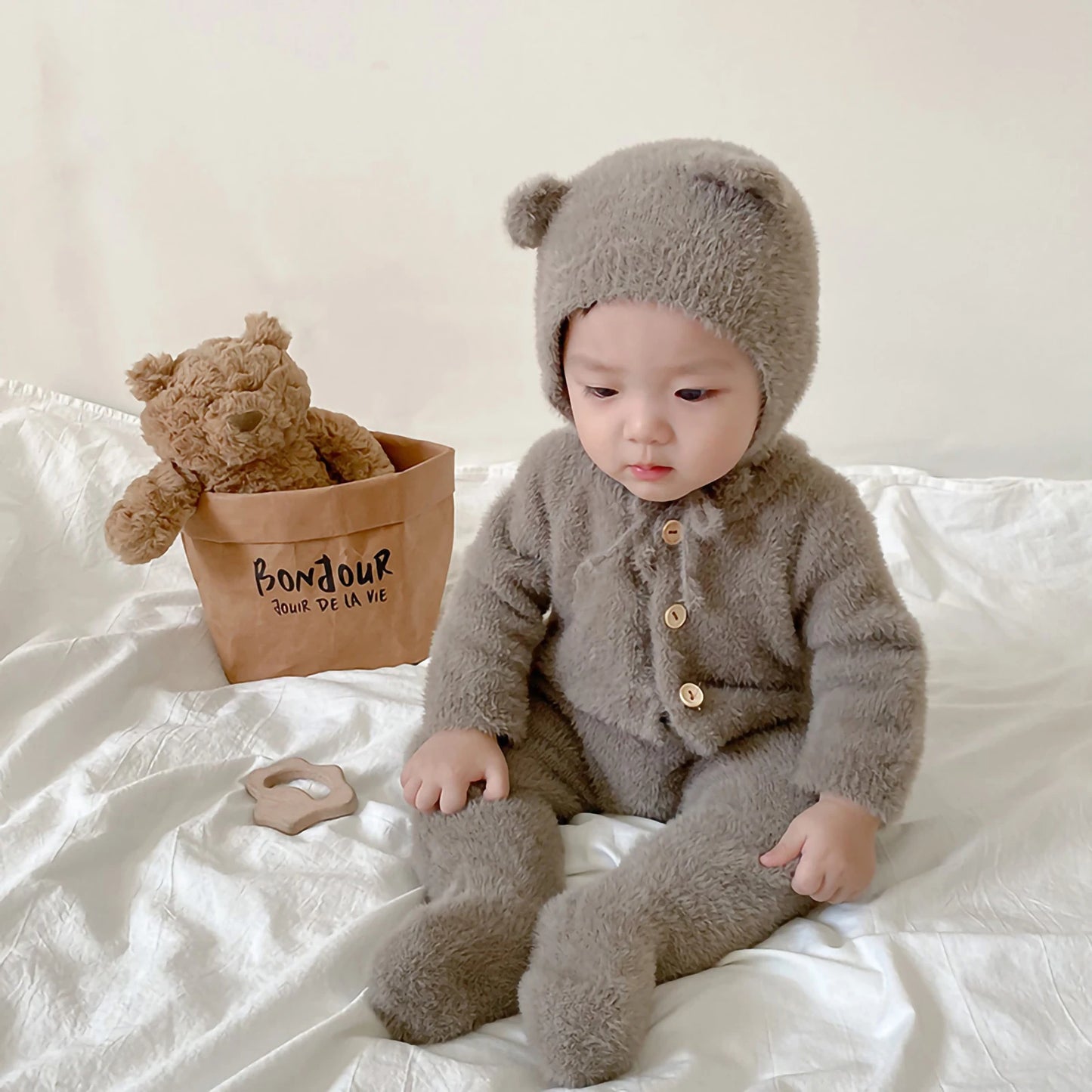 Ropa invernal para bebés con orejitas - Hat Children Lovely Jumpsuit Long Sleeve Round Neck Overall Cotton Warm Clothe