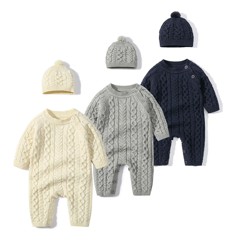 Ropa cálida para invierno para bebés recién nacidos tejidos  Knitted Jumpsuits Outfits Baby Rompers Caps Clothes Sets Winter Long Sleeve Toddler Infant Overalls 2pcs